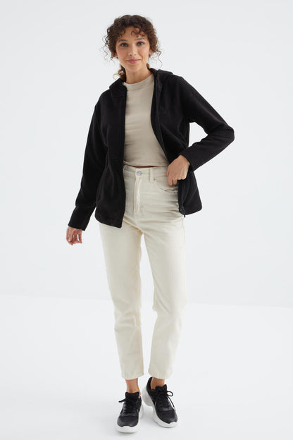 Black Hooded Zip-Up Comfort Fit Women's Fleece Sweatshirt - 97233