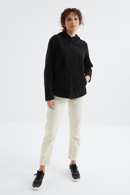 Black Hooded Zip-Up Comfort Fit Women's Fleece Sweatshirt - 97233