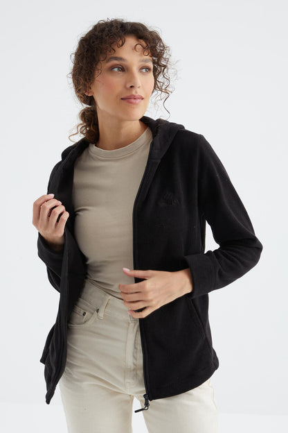 Black Hooded Zip-Up Comfort Fit Women's Fleece Sweatshirt - 97233