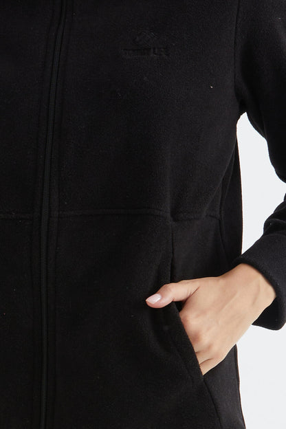 Black Hooded Zip-Up Comfort Fit Women's Fleece Sweatshirt - 97233