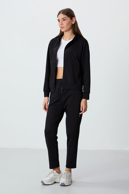 Black Hooded Hidden Pocket Detailed Standard Fit Women's Tracksuit Set - 95306