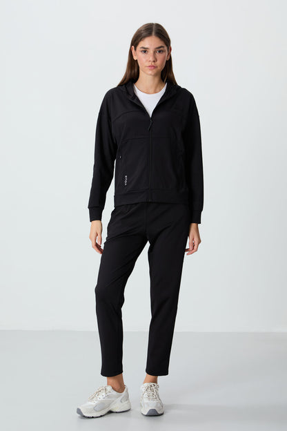 Black Hooded Hidden Pocket Detailed Standard Fit Women's Tracksuit Set - 95306