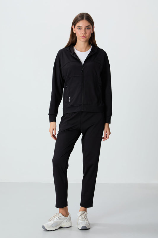 Black Hooded Hidden Pocket Detailed Standard Fit Women's Tracksuit Set - 95306