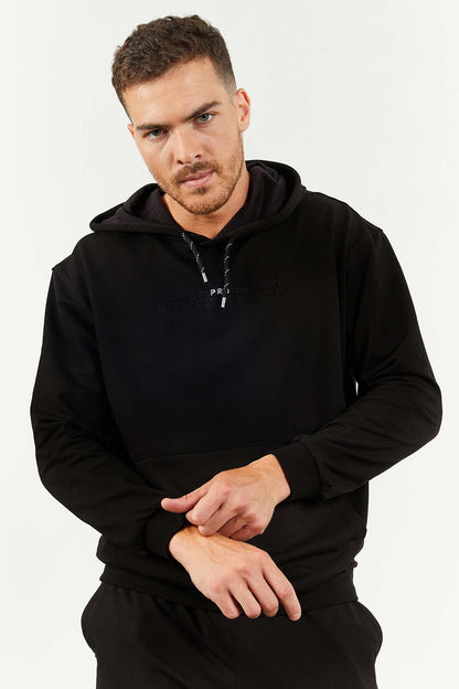 Black Hooded Kangaroo Pocket Elastic Cuff Men's Oversize Tracksuit Set - 85117