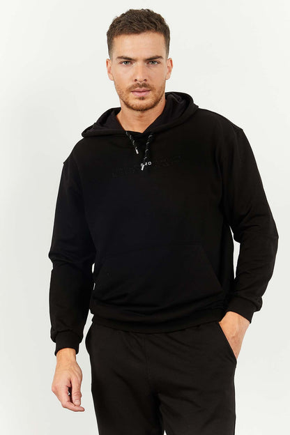 Black Hooded Kangaroo Pocket Elastic Cuff Men's Oversize Tracksuit Set - 85117
