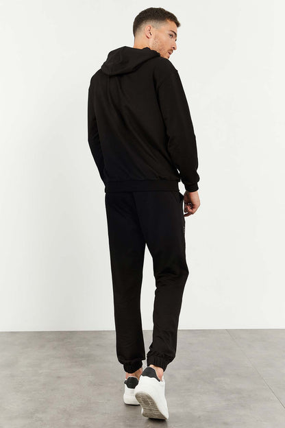 Black Hooded Kangaroo Pocket Elastic Cuff Men's Oversize Tracksuit Set - 85117