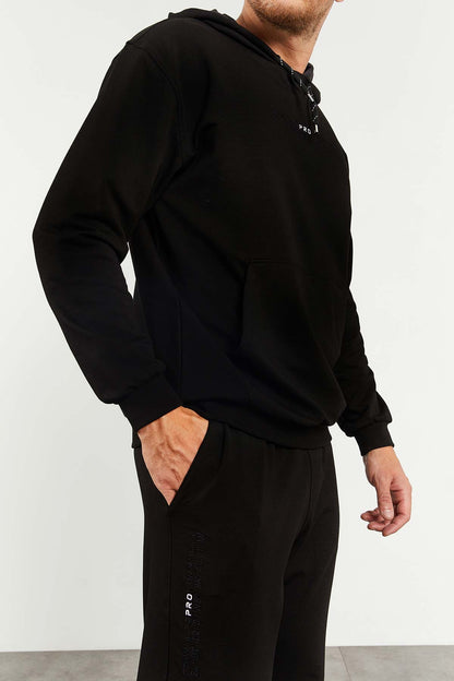 Black Hooded Kangaroo Pocket Elastic Cuff Men's Oversize Tracksuit Set - 85117