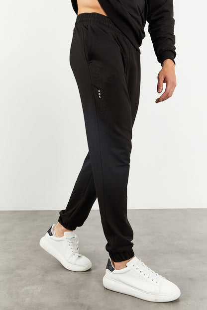 Black Hooded Kangaroo Pocket Elastic Cuff Men's Oversize Tracksuit Set - 85117