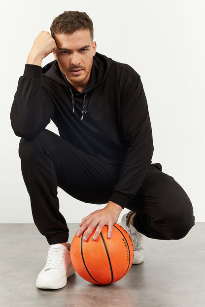 Black Hooded Kangaroo Pocket Elastic Cuff Men's Oversize Tracksuit Set - 85117