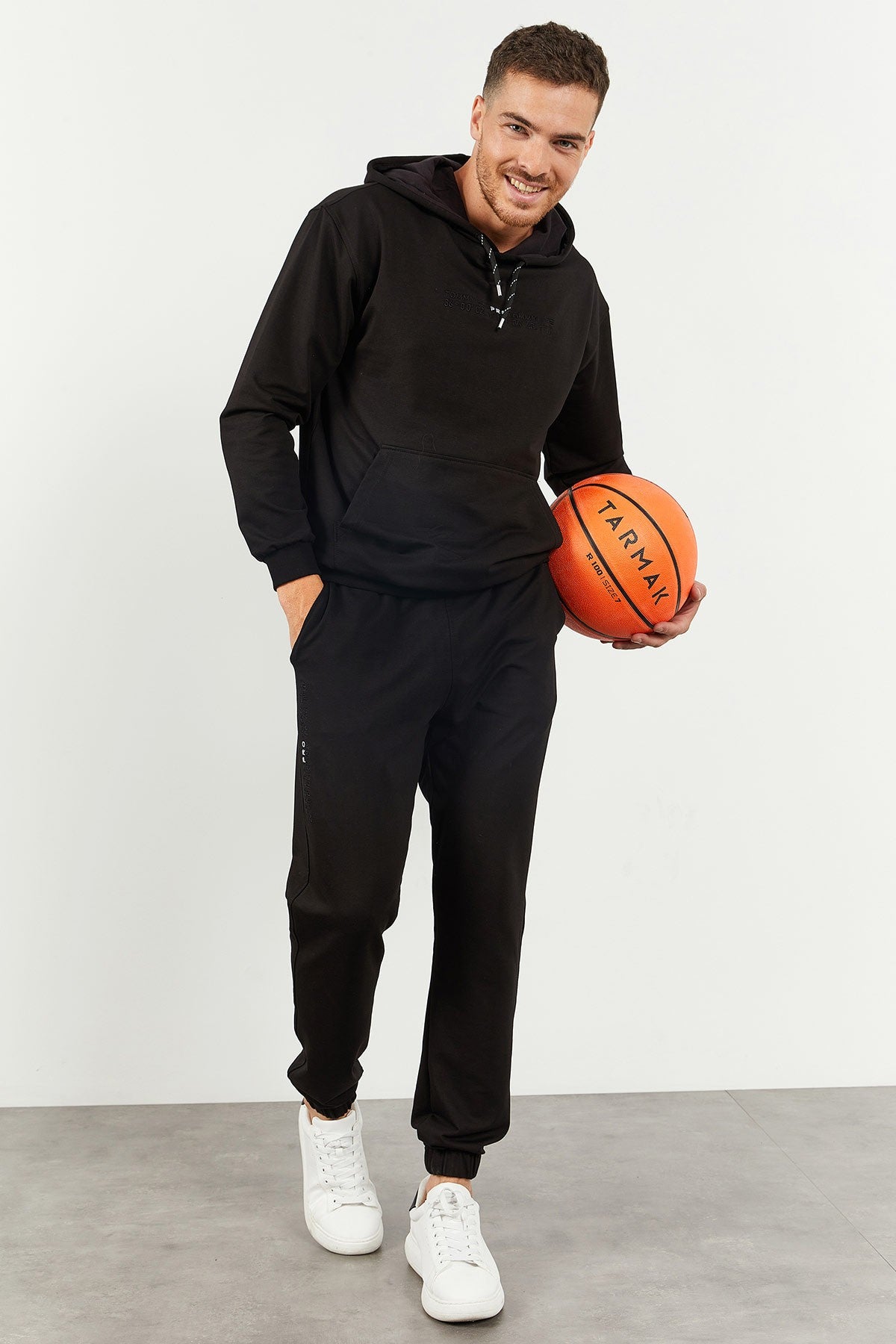 Black Hooded Kangaroo Pocket Elastic Cuff Men's Oversize Tracksuit Set - 85117