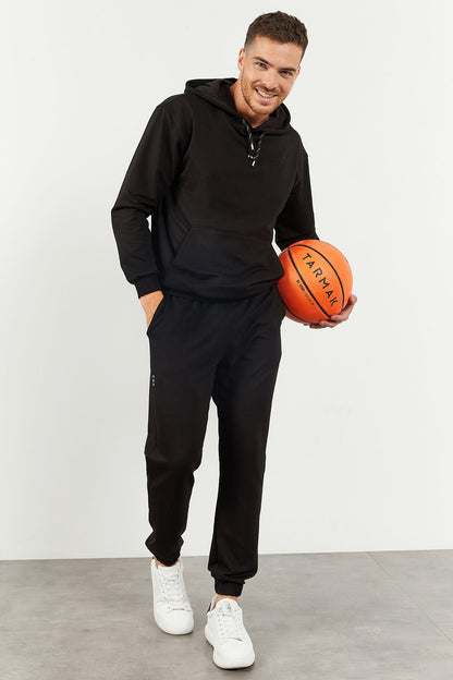 Black Hooded Kangaroo Pocket Elastic Cuff Men's Oversize Tracksuit Set - 85117