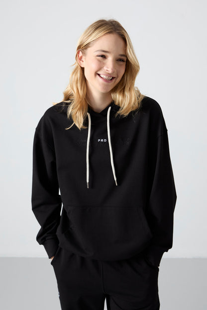 Black Hooded Kangaroo Pocket Oversize Elastic Cuff Women's Tracksuit Set - 95288
