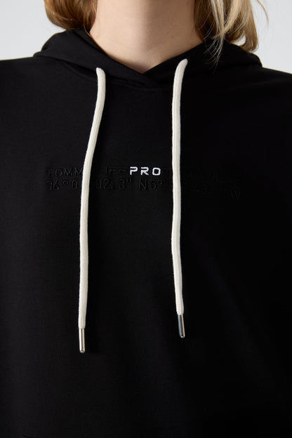 Black Hooded Kangaroo Pocket Oversize Elastic Cuff Women's Tracksuit Set - 95288