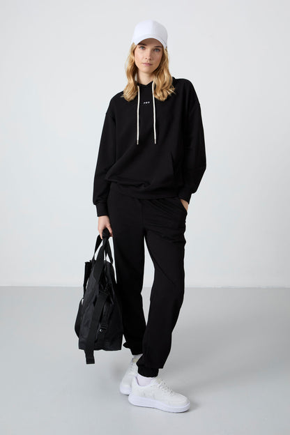 Black Hooded Kangaroo Pocket Oversize Elastic Cuff Women's Tracksuit Set - 95288