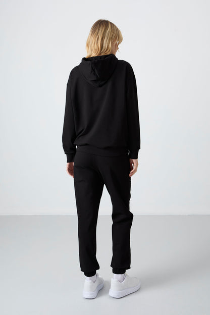 Black Hooded Kangaroo Pocket Oversize Elastic Cuff Women's Tracksuit Set - 95288