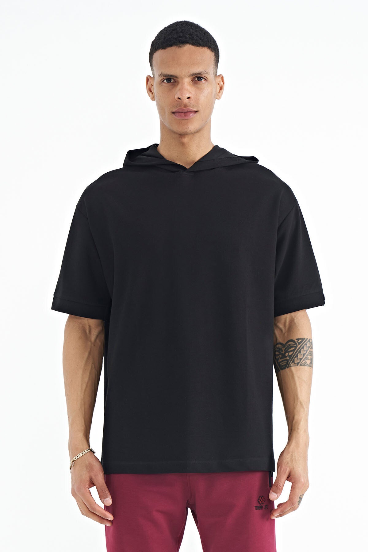 Black Hooded Sleeve Label Detailed Oversize Men's T-shirt - 88179