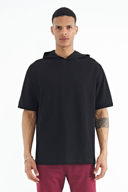 Black Hooded Sleeve Label Detailed Oversize Men's T-shirt - 88179