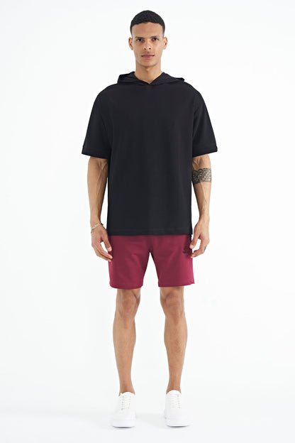 Black Hooded Sleeve Label Detailed Oversize Men's T-shirt - 88179