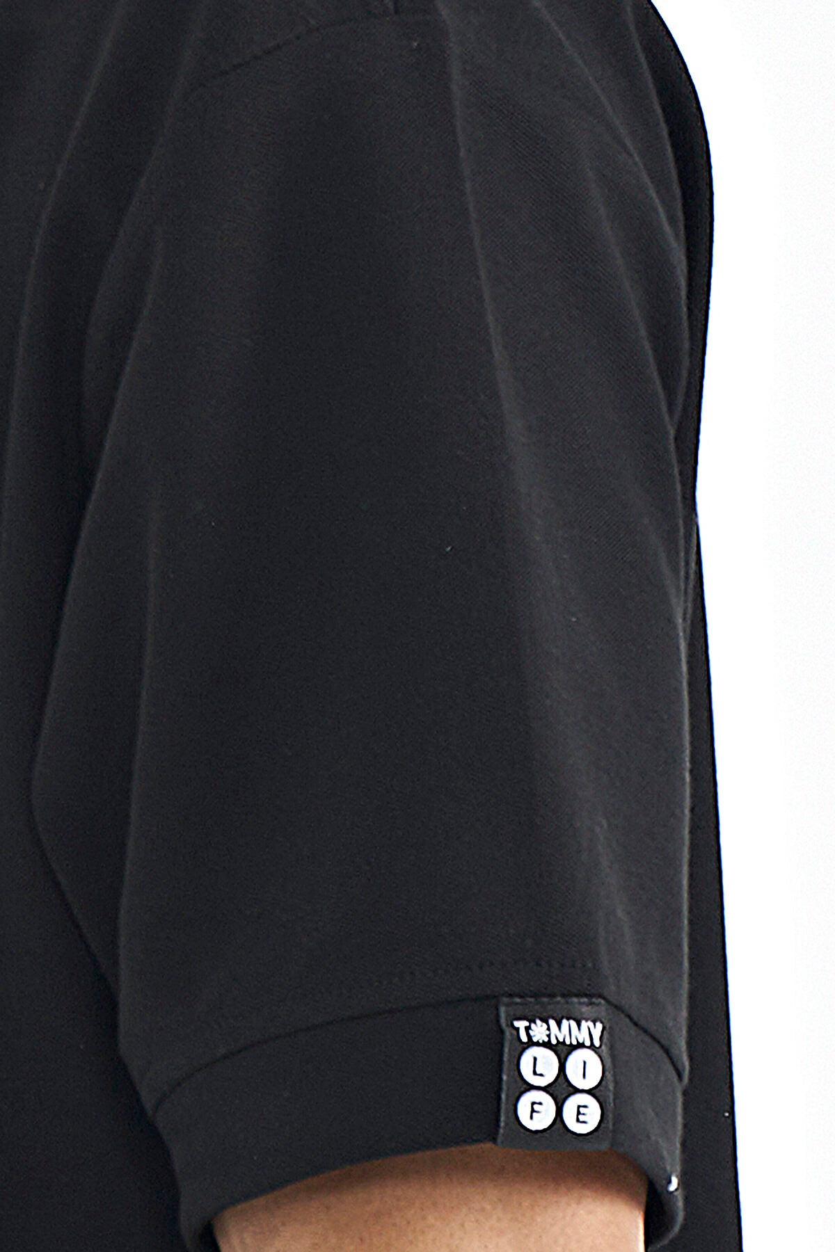 Black Hooded Sleeve Label Detailed Oversize Men's T-shirt - 88179