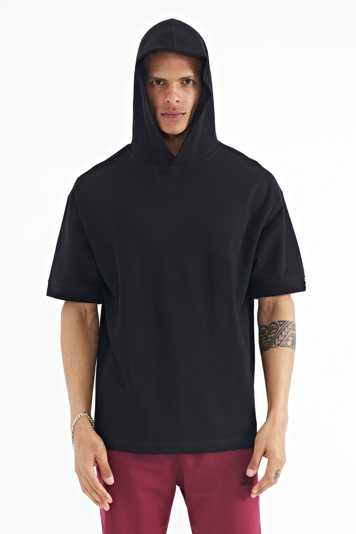 Black Hooded Sleeve Label Detailed Oversize Men's T-shirt - 88179