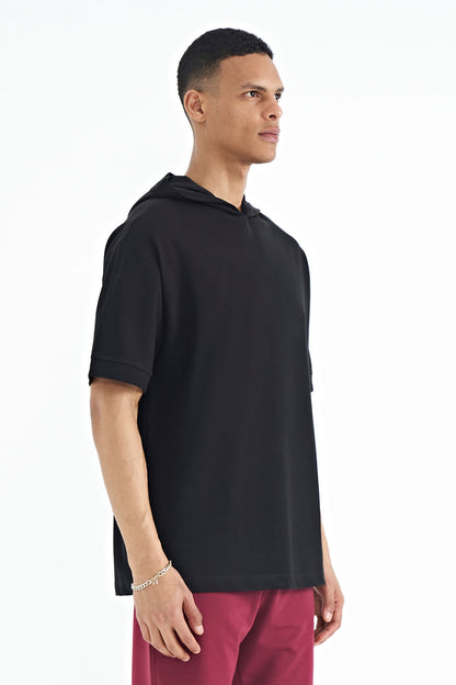 Black Hooded Sleeve Label Detailed Oversize Men's T-shirt - 88179