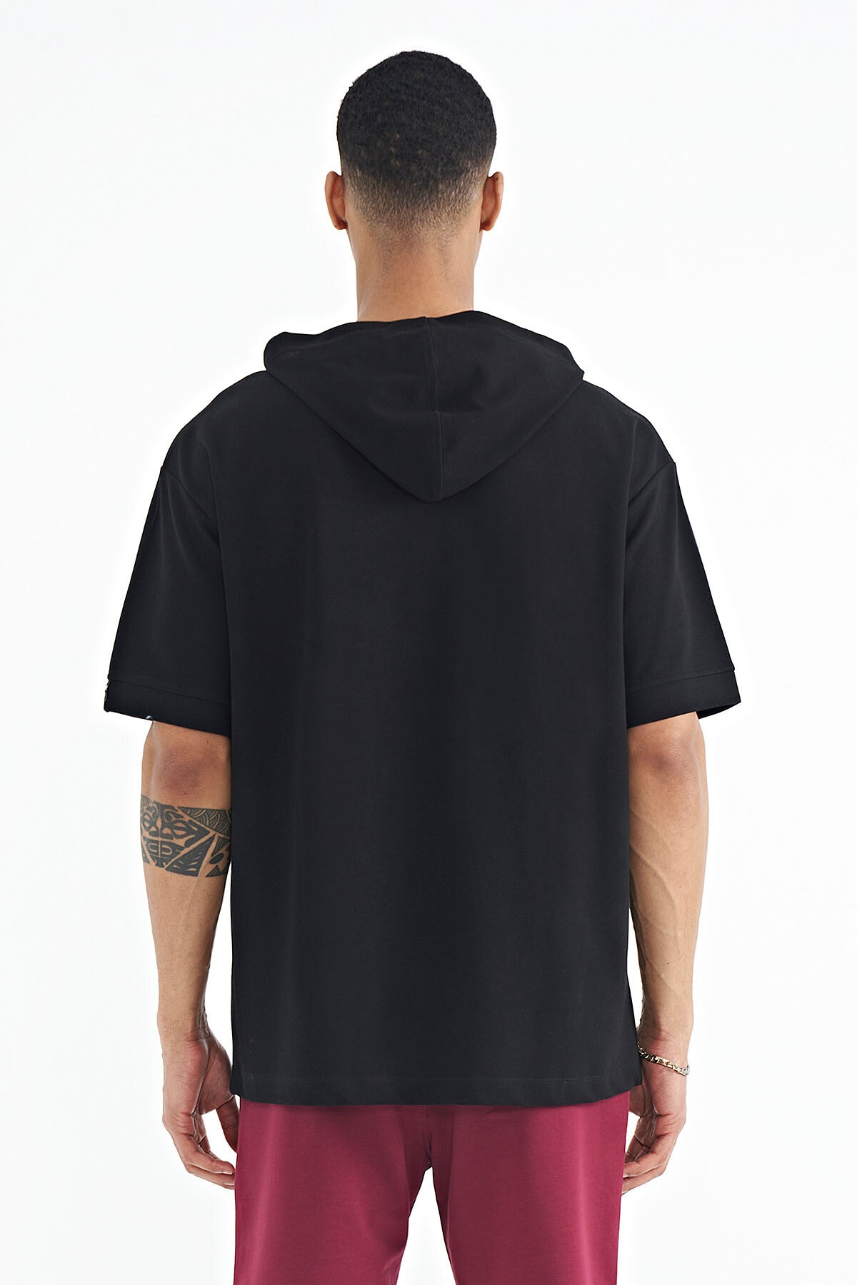 Black Hooded Sleeve Label Detailed Oversize Men's T-shirt - 88179