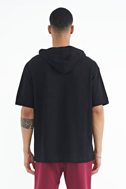 Black Hooded Sleeve Label Detailed Oversize Men's T-shirt - 88179
