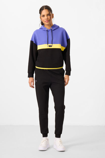 Black Hooded Cotton Color Block Women's Tracksuit Set - 95327