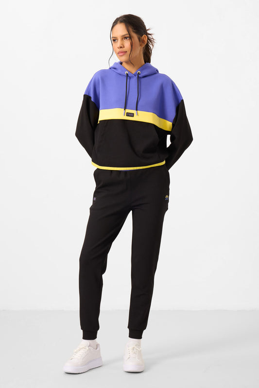 Black Hooded Cotton Color Block Women's Tracksuit Set - 95327