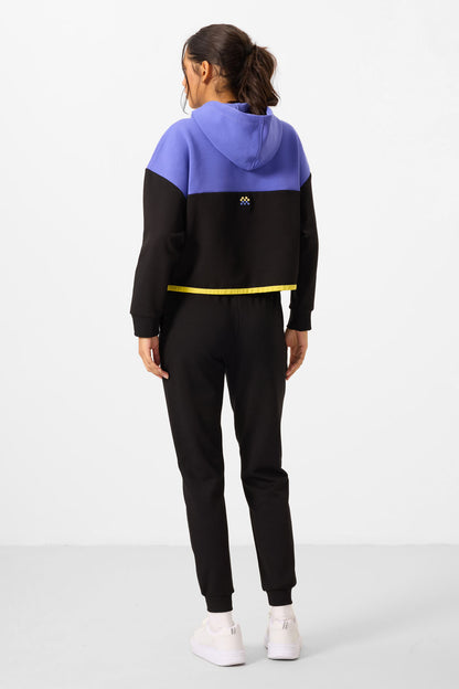 Black Hooded Cotton Color Block Women's Tracksuit Set - 95327