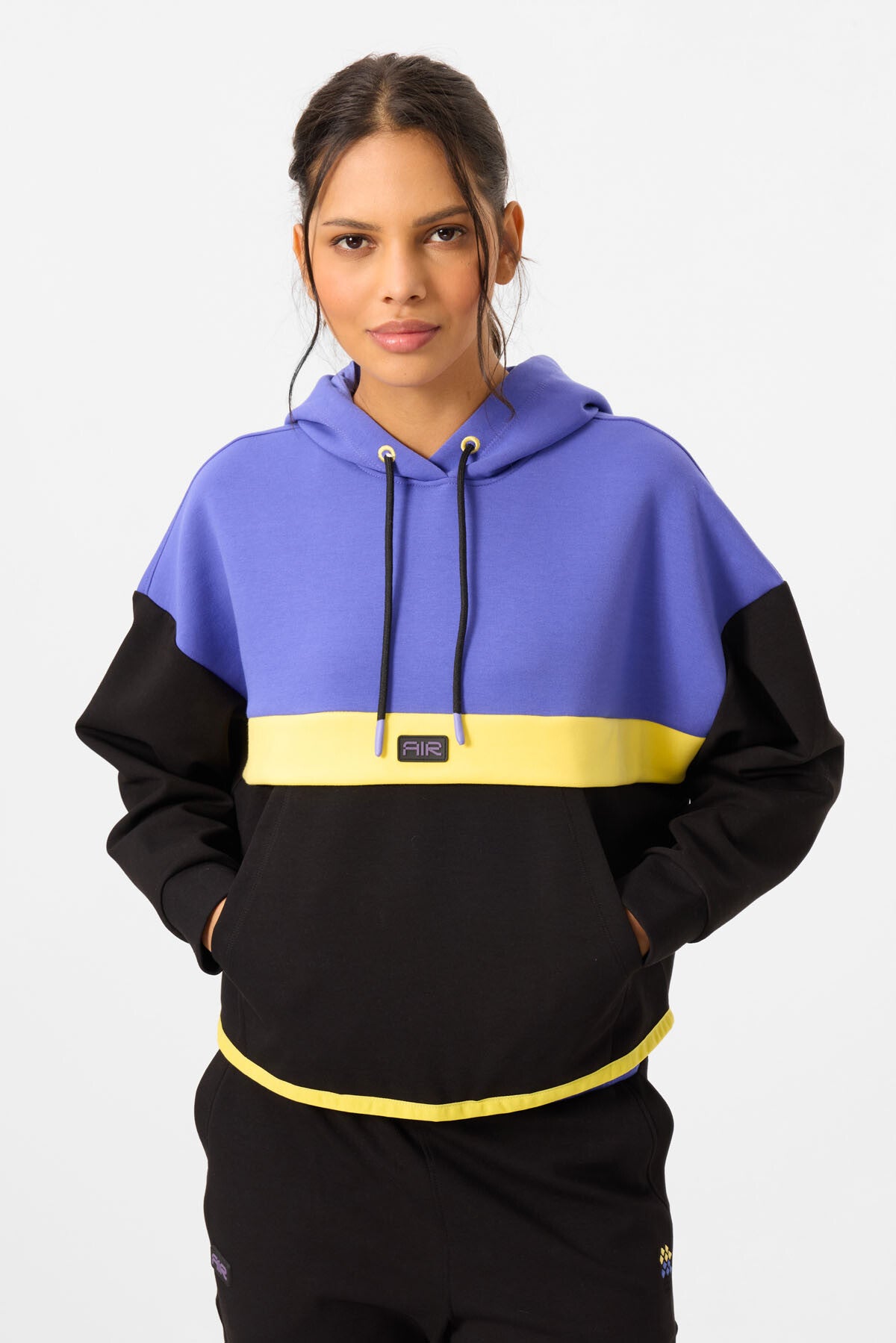Black Hooded Cotton Color Block Women's Tracksuit Set - 95327