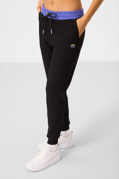 Black Hooded Cotton Color Block Women's Tracksuit Set - 95327