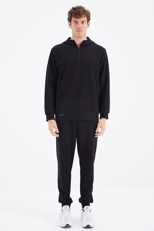 Black Hooded Half-Zip Pocket Detailed Men's Tracksuit Set - 85222