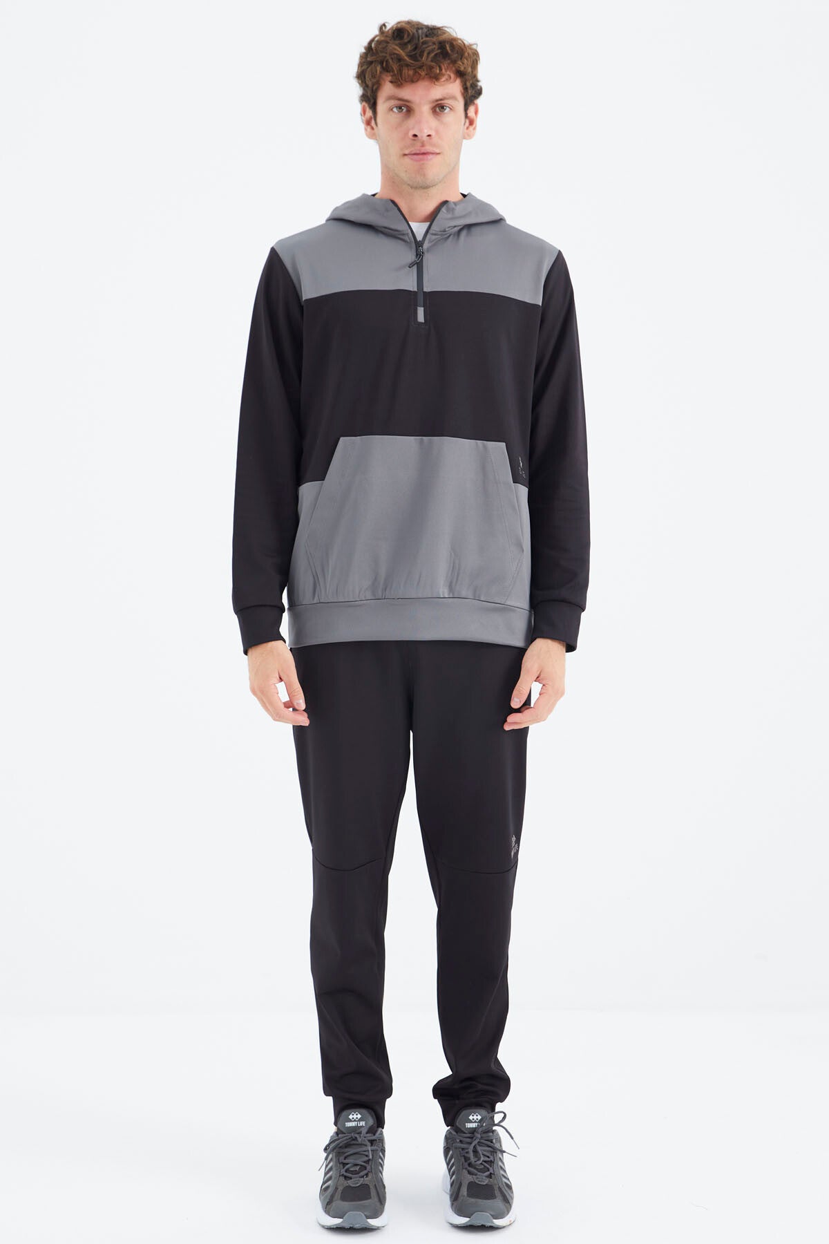 Black Hooded Half-Zip Striped Detailed Men's Tracksuit Set - 85214