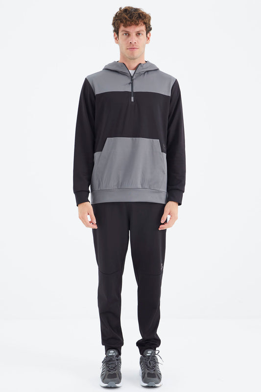 Black Hooded Half-Zip Striped Detailed Men's Tracksuit Set - 85214