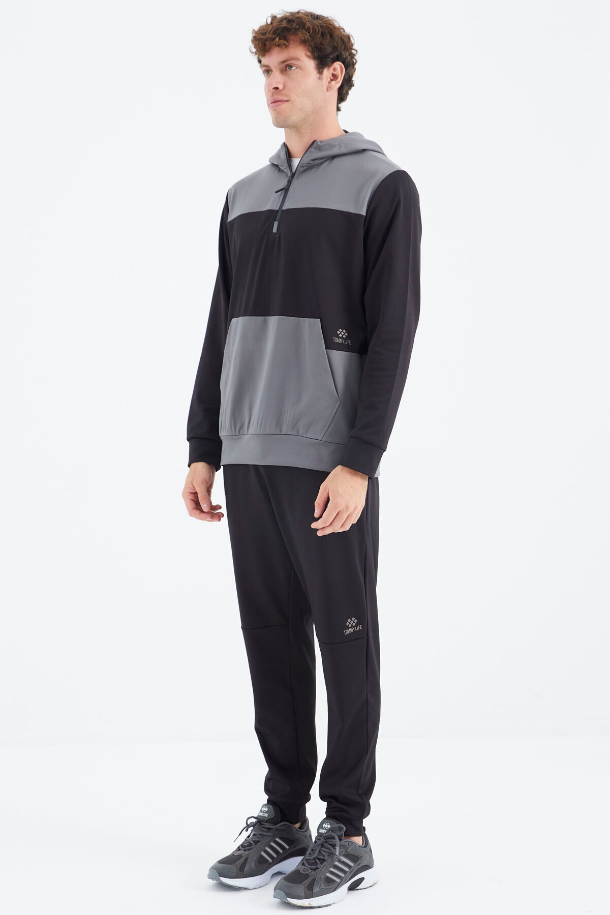 Black Hooded Half-Zip Striped Detailed Men's Tracksuit Set - 85214