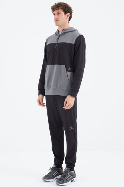 Black Hooded Half-Zip Striped Detailed Men's Tracksuit Set - 85214