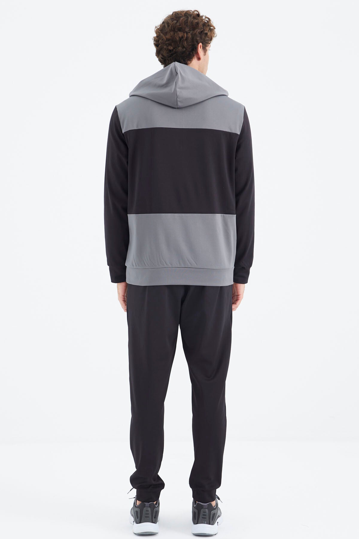 Black Hooded Half-Zip Striped Detailed Men's Tracksuit Set - 85214