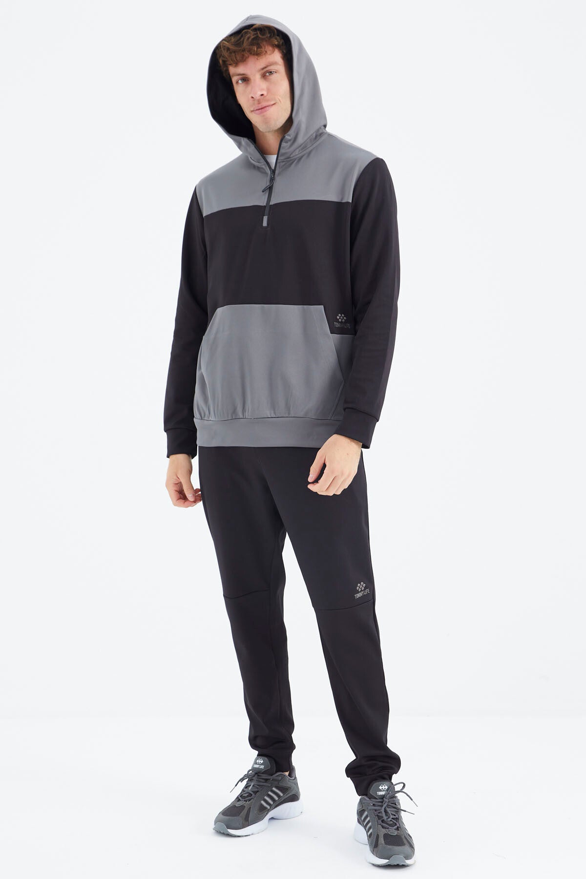 Black Hooded Half-Zip Striped Detailed Men's Tracksuit Set - 85214