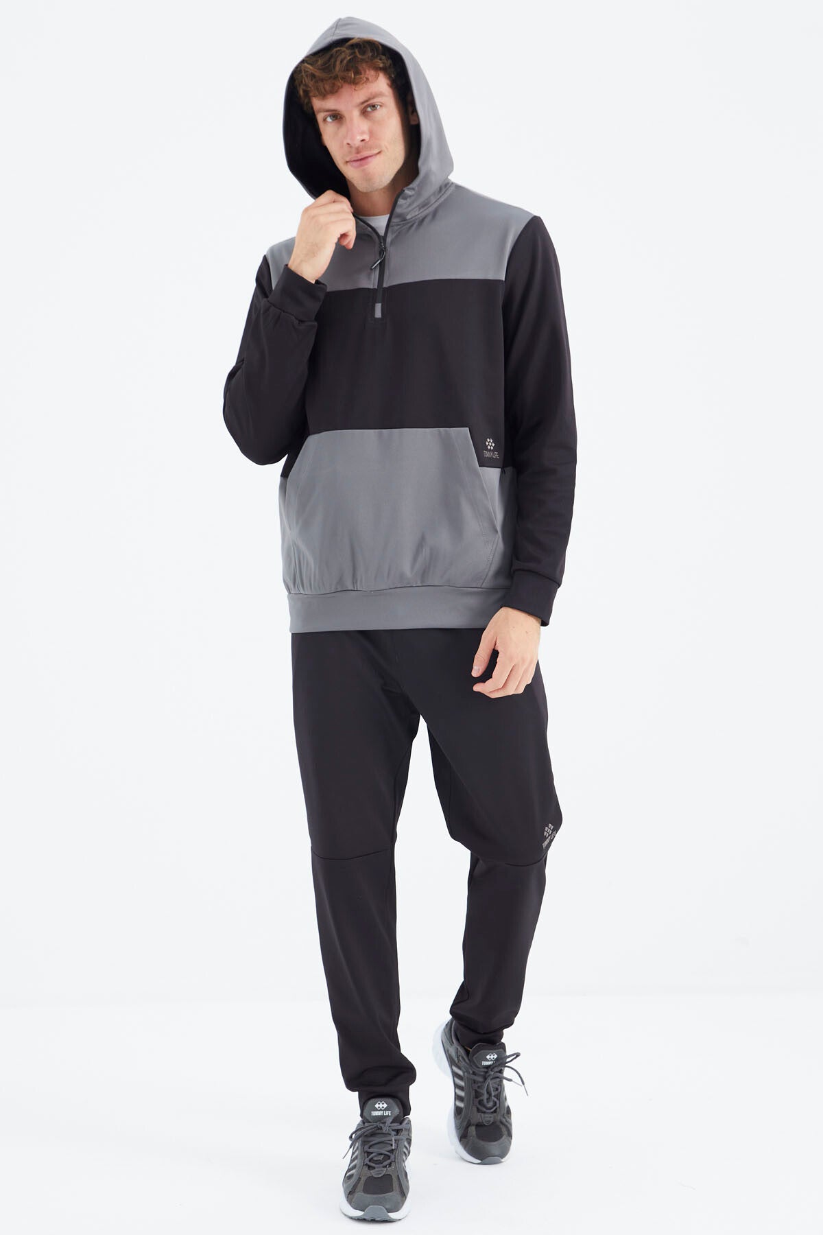 Black Hooded Half-Zip Striped Detailed Men's Tracksuit Set - 85214