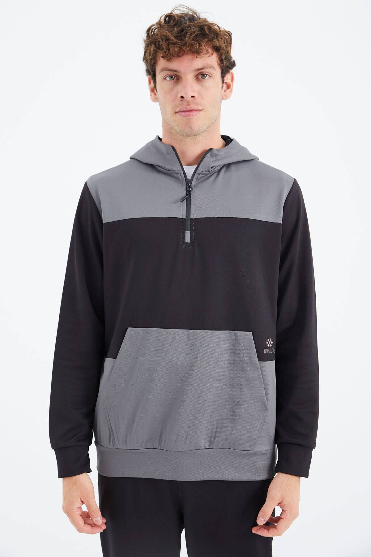 Black Hooded Half-Zip Striped Detailed Men's Tracksuit Set - 85214