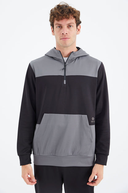 Black Hooded Half-Zip Striped Detailed Men's Tracksuit Set - 85214