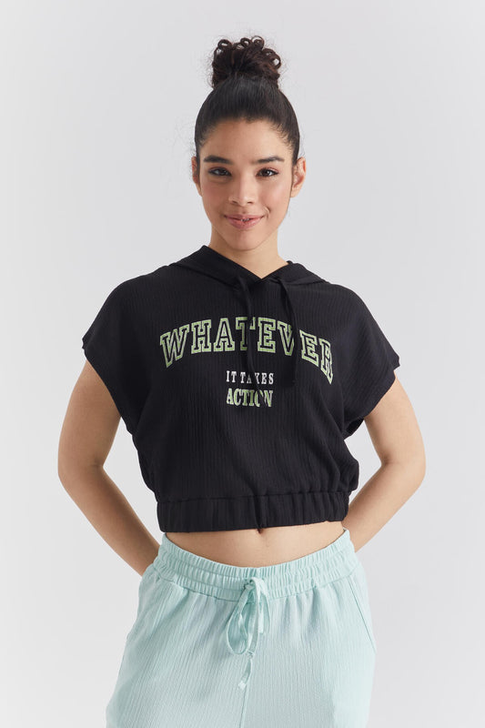 Black Hooded Print Waist Elastic Crepe Fabric Women's Crop Top T-Shirt - 97230