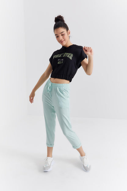 Black Hooded Print Waist Elastic Crepe Fabric Women's Crop Top T-Shirt - 97230
