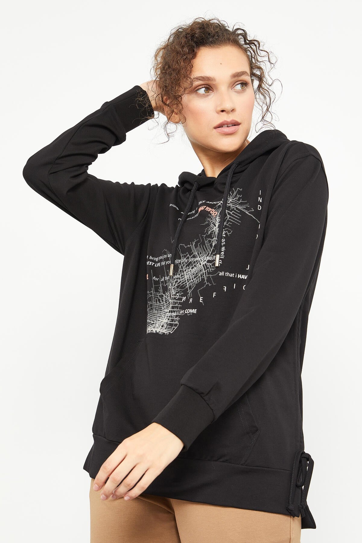 Black Mixed Print Side Pleated Women's Oversize Sweatshirt - 97170