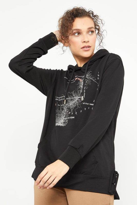 Black Mixed Print Side Pleated Women's Oversize Sweatshirt - 97170