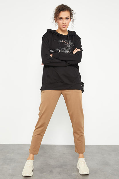 Black Mixed Print Side Pleated Women's Oversize Sweatshirt - 97170