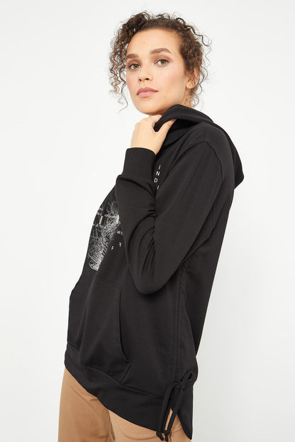 Black Mixed Print Side Pleated Women's Oversize Sweatshirt - 97170