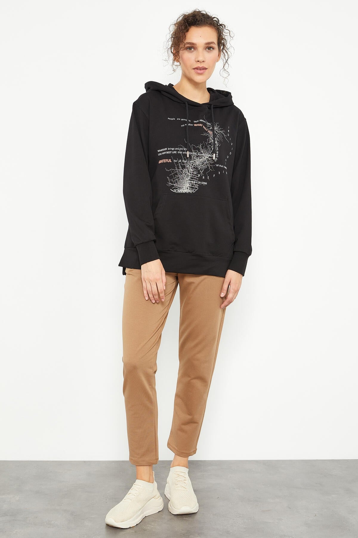 Black Mixed Print Side Pleated Women's Oversize Sweatshirt - 97170