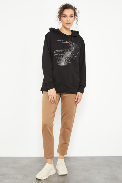 Black Mixed Print Side Pleated Women's Oversize Sweatshirt - 97170